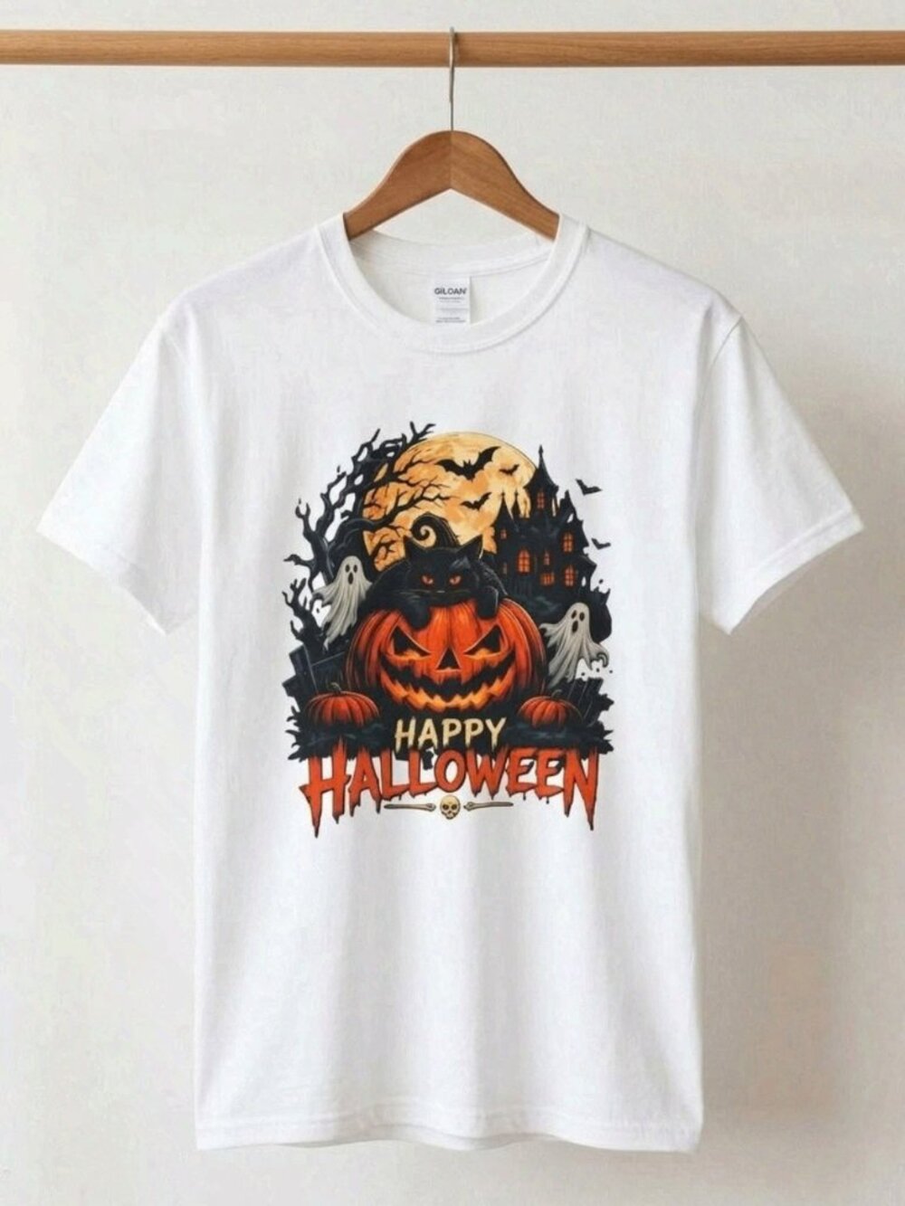 Jack-o'-Lantern Pumpkin Halloween Spooky Ghosts Full Moon White T-Shirt Reprint